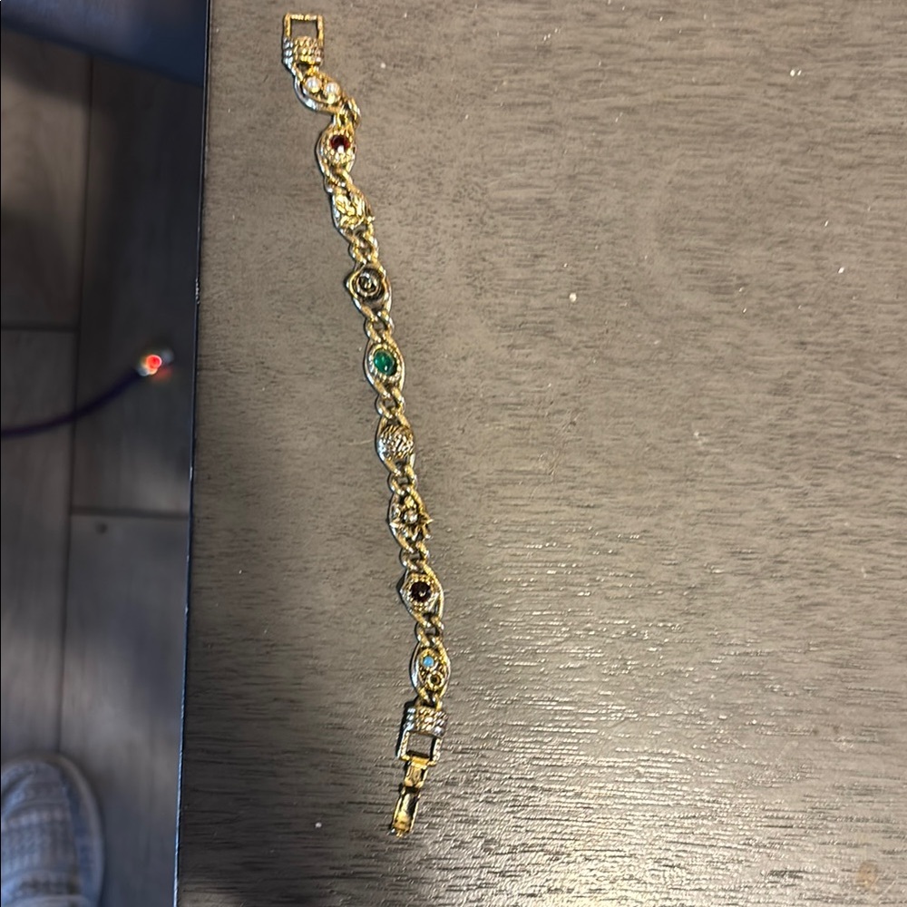 Vintage Goldette Scroll Link Bracelet Victorian Revival Faux Gemstones Unused